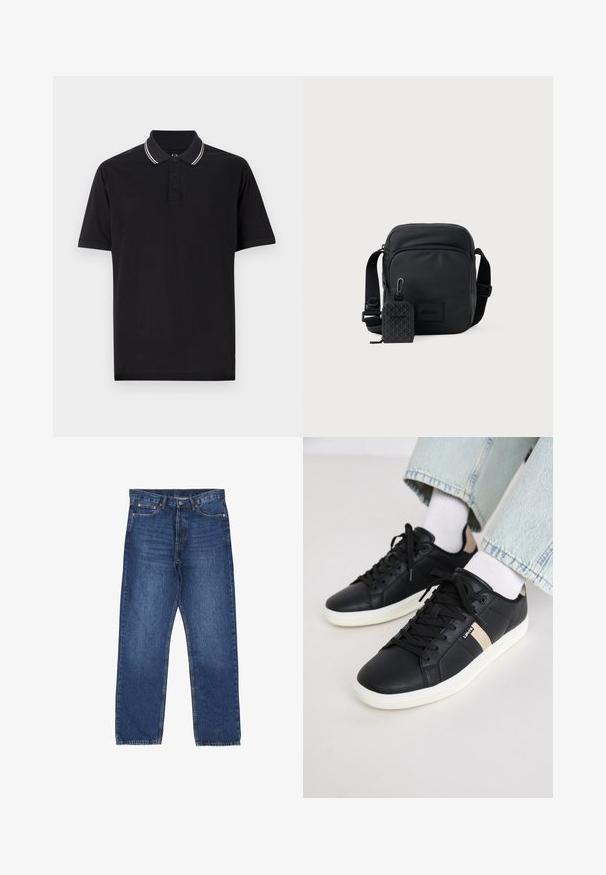 Camiseta polo negra de algodón, con una tapeta de tres botones, rayas de contraste en el cuello y un logotipo sutil en el pecho.; Jeans de mezclilla azul con corte recto, diseño de cinco bolsillos y costuras visibles. La tela tiene una textura desgastada y un lavado medio.; Zapatillas de cuero negras con suela crema, con una franja de acento beige y cordones negros. Superficie texturizada para mayor agarre.; Bolso cruzado compacto negro con correa ajustable y bolsillo con cremallera en la parte delantera, que incluye un pequeño estuche de patrón adjunto con clip.