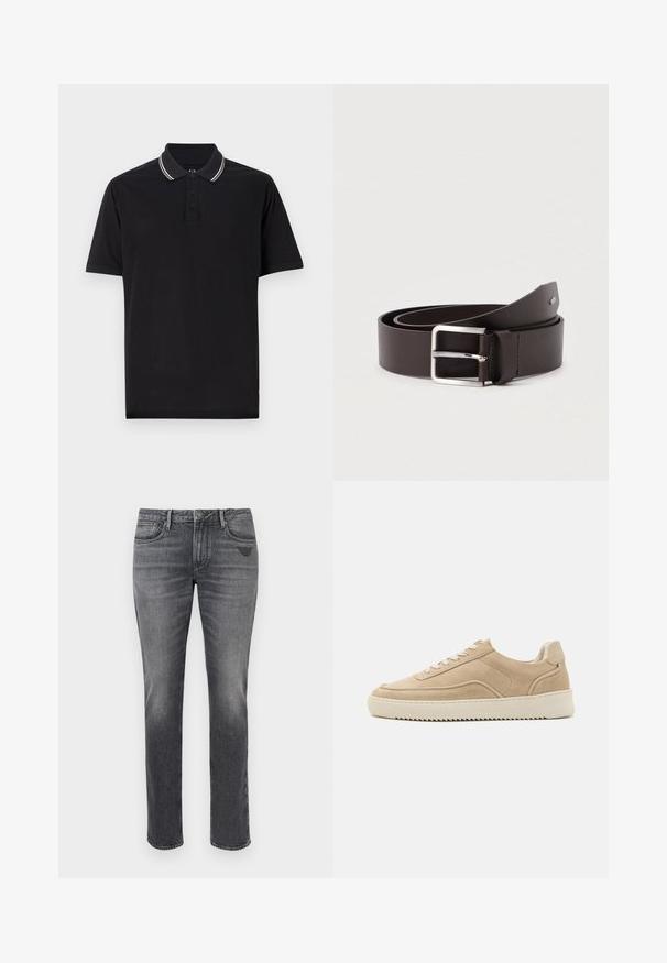 Must must shirt, mis valmistatud puuvillast, sisaldab kolme nupu plaanitust, kontrastset kaelarihmastriipi ning diskreetset logo rinnal.; Hallikas teksapüksid kitsa lõikega, kerge fade-efektiga, viie taskuga ja väike logo tagaosal. Standardne sirge joon.; Beež nubukist tennis jalanõud ümmarguse varbaga, lipsudega ees ja tekstuuriga valge kummist tallaga. Omab peenikest õmblust ja brändi logo kandadel.; Pruun nahkvöö siidise viimistlusega, millel on ristkülikukujuline hõbedase metallist pandlaga ja kontrastne õmblusdetail.