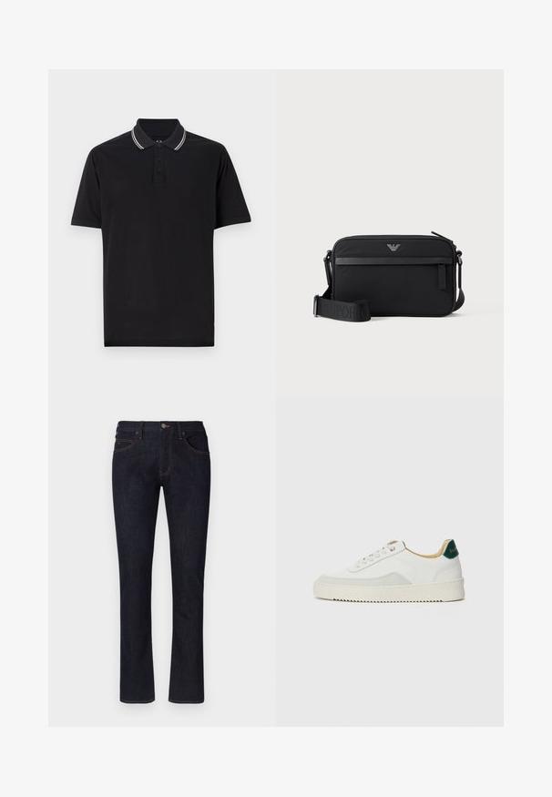Must must shirt, mis valmistatud puuvillast, sisaldab kolme nupu plaanitust, kontrastset kaelarihmastriipi ning diskreetset logo rinnal.; Tumesinised teksapüksid sirge säärega, viie taskuga disain, vaskõmblused ja esiküljel nööpkinnitus. Pehme tekstuur, klassikaline stiil.; Valged tennisjalanõud, millel on sametised aktsendid, ümar varvas, lame nöörid ja kreemjas kummine põhja. Hästi nähtav roheline bränding kannal.; Must ristkülikukujuline õlakott, esiosal luku tasku, reguleeritav rihm ja väike metallist logo ülaservas keskel.