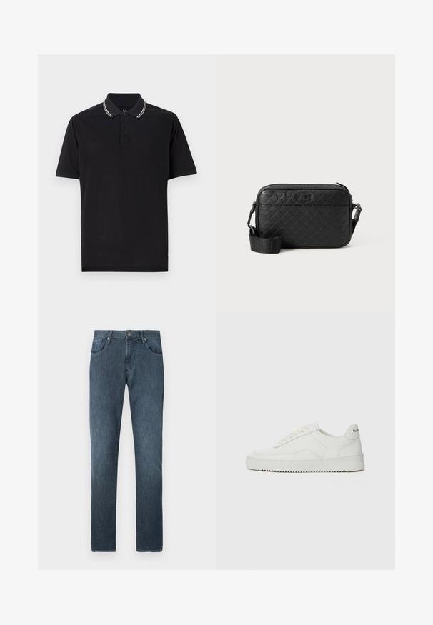 Must must shirt, mis valmistatud puuvillast, sisaldab kolme nupu plaanitust, kontrastset kaelarihmastriipi ning diskreetset logo rinnal.; Tumedat sinist värvi teksapüksid sirge sääre kujundusega, viie taskuga, ees nööbiga kinnitusega ja peente õmblustähtedega.; Valge nahast tennis, millel on sile põhi, ümar varvas, lamedad nöörid ja tekstuuriline tall. Sisaldab diskreetset logo kontsaribal.; Mustakirja tekstuuriga õlakott, millel on reljeefne geomeetriline muster ja reguleeritav rihm, millel on brändi logo.