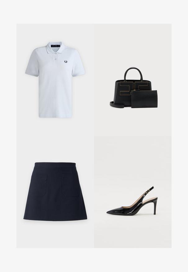 Polo blanc à manches courtes avec deux boutons, logo Fred Perry sur la poitrine gauche, et col plié.; Jupe bleu marine en tissu robuste, dotée d'une ceinture ajustée, d'une forme évasée, et de deux poches plaquées à l'arrière avec des surpiqûres contrastantes.; Pompe slingback en cuir verni noir avec un bout pointu, un talon fin et un design de découpes subtil. Elle dispose d'une boucle dorée sur la sangle.; Sac à main en cuir noir avec poignées supérieures et bandoulière amovible, accompagné d'une pochette noire zippée assortie.