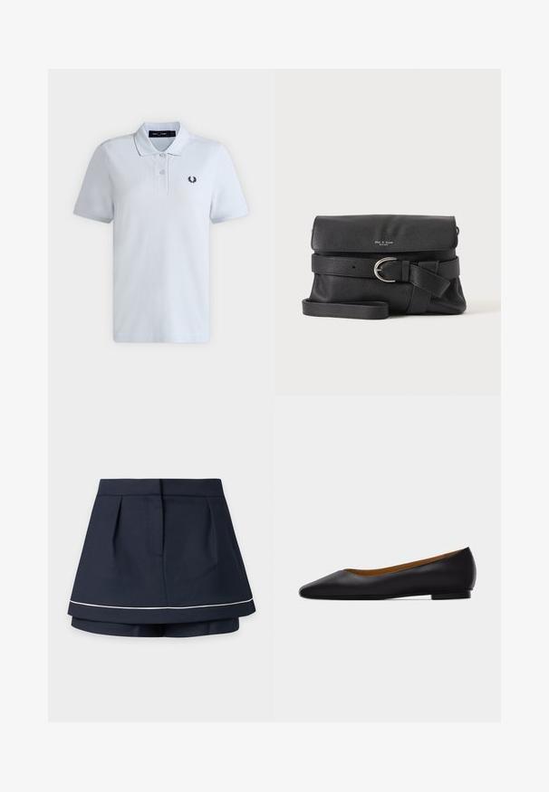 Polo blanc à manches courtes avec deux boutons, logo Fred Perry sur la poitrine gauche, et col plié.; Mini-jupe superposée bleu marine foncé avec une taille haute et une fine bande horizontale blanche près de l’ourlet.; Chaussure plate en cuir noir à bout pointu avec talon bas et finition lisse, vue de côté sur un fond gris clair.; Sac bandoulière noir en cuir grainé avec fermeture à rabat, détail ceinture à boucle argentée et bandoulière réglable sur fond uni.
