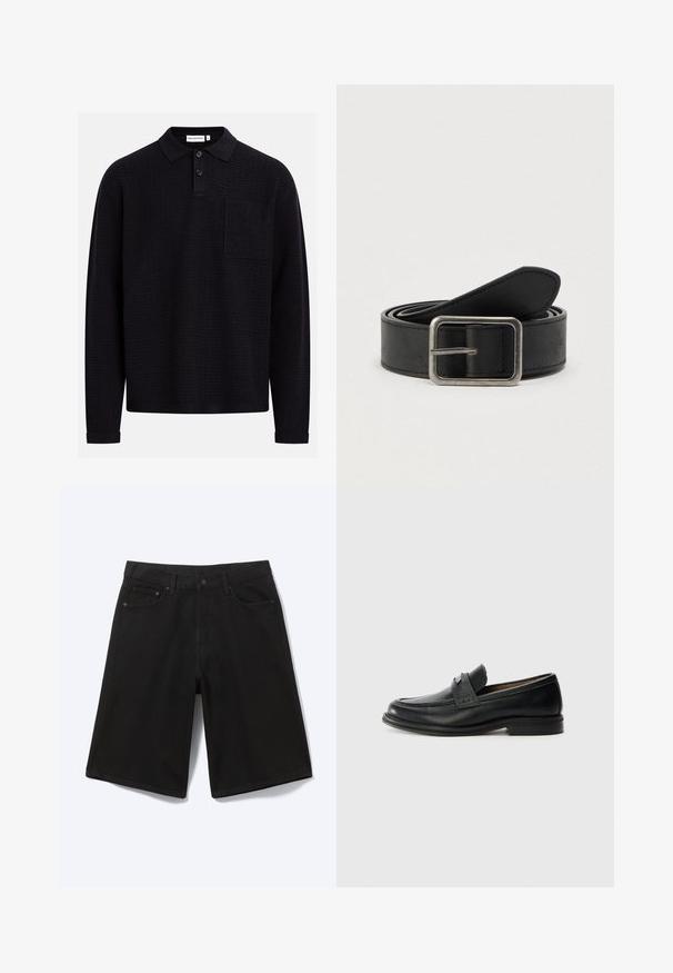 Polo noir à manches longues avec un motif en zigzag texturé, une patte à deux boutons et une poche sur la poitrine gauche. Confectionné dans un matériau doux.; Short en jean noir longueur genou avec bouton à l'avant, passants de ceinture et cinq poches, présenté sur fond blanc.; Mocassins en cuir noir avec une finition lisse, dotés d'une bande supérieure texturée, d'un talon bas et de détails de couture minimalistes.; Ceinture en cuir noir avec une boucle en métal argenté, présentant une texture lisse et un design simple et classique.
