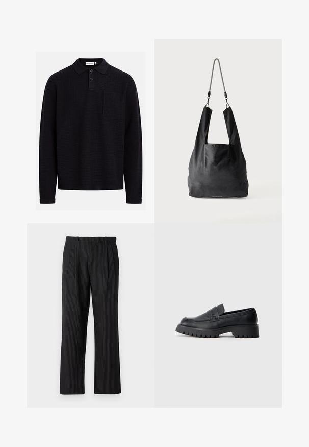 Polo noir à manches longues avec un motif en zigzag texturé, une patte à deux boutons et une poche sur la poitrine gauche. Confectionné dans un matériau doux.; Jack & Jones JPSTBILL JJDAYTONA WIDE CHINO - Chino - black; Mocassins en cuir noir avec un bout arrondi, présentant une sangle décorative et une semelle en caoutchouc épaisse avec de profonds crampons pour une meilleure adhérence.; Sac fourre-tout en tissu noir doux avec de larges anses et une fine bandoulière tressée noire et blanche.