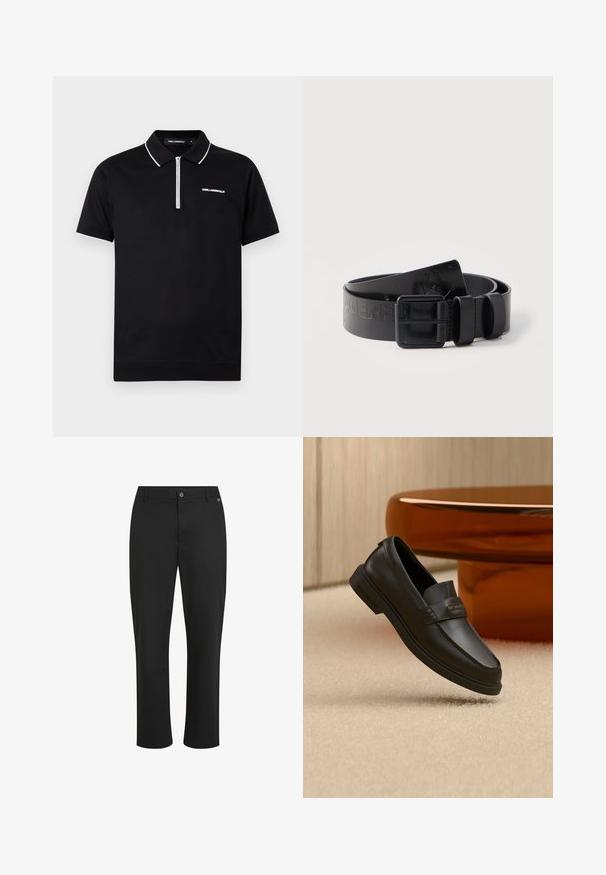 Polo negro de manga corta con ribetes blancos en el cuello y las mangas, cierre frontal con media cremallera y logo "KARL LAGERFELD" en el pecho.; Pantalones negros de tela suave, con corte recto, cierre frontal de botón y detalle de logotipo sutil en la cinturilla.; Zapato negro de cuero sin cordones con detalles cosidos, cuello elevado y suela de goma plana, situado sobre una superficie beige suave.; Cinturón de cuero negro enrollado con el nombre de la marca en relieve y una hebilla cuadrada de metal negro sobre un fondo blanco.