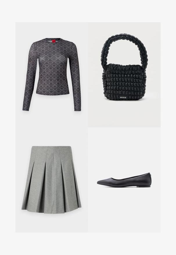 Chemise à manches longues en noir et gris avec un motif géométrique. Caractéristiques : col rond et détail de logo à l'avant et à l'arrière. Texture lisse.; Jupe plissée grise en tissu texturé, avec une taille ajustée et une coupe évasée. Sans quincaillerie ni accents visibles.; Chaussure plate en cuir noire à bout pointu avec petit talon, vue de profil sur fond blanc.; Petit sac à main noir matelassé avec une poignée courte rembourrée et une étiquette "HUGO" à l'avant, présenté sur un fond clair uni.