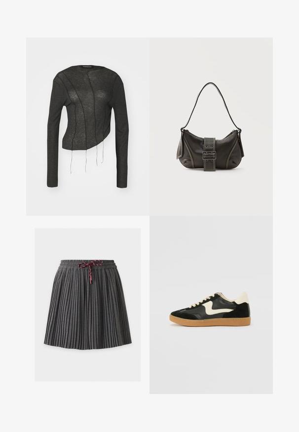 Haut à manches longues cropped gris foncé en tissu léger, avec des coutures bien visibles et des fils flottants sur le devant.; Jupe plissée gris foncé avec une taille élastique et un cordon bordeaux noué au centre devant.; Baskets en daim et cuir noir avec un swoosh latéral crème et un talon crème clair. Dotées de lacets beige et d'une semelle en caoutchouc gomme.; Sac à épaule en cuir noir avec une sangle à boucle, des bords arrondis et des coutures blanches contrastées sur un fond uni.