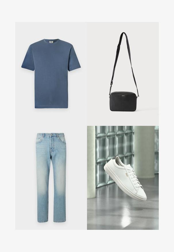 Blauwe katoenen t-shirt met een ronde hals en korte mouwen. Heeft een gladde textuur en een rechte zoom. Geen zichtbare patronen of graphics.; Lichtblauwe jeans van denim, met een rechte pijpdesign, vijf zakken en een vervaagde was-effect op de dijen.; Witte leren lage sneaker met veters, zwarte hielstrook en "BOSS"-logo, zwevend binnenshuis bij een glazen stenen muur en gepolijste vloer.; Zwarte rechthoekige crossbodytas met verstelbare band en BOSS-logo aan de voorkant, tegen een effen lichte achtergrond.