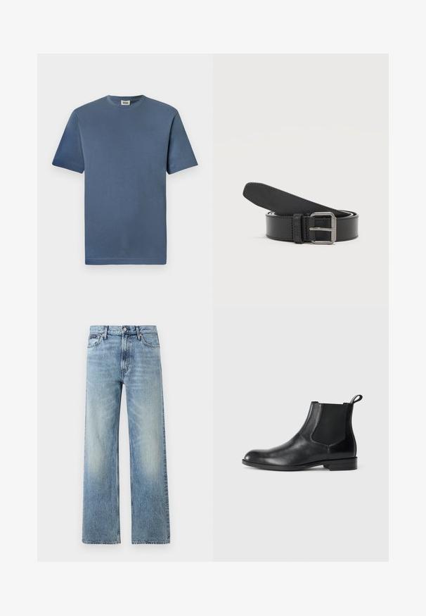 Blauwe katoenen t-shirt met een ronde hals en korte mouwen. Heeft een gladde textuur en een rechte zoom. Geen zichtbare patronen of graphics.; Lichtblauwe denim jeans met rechte pijpen, een hoge taille, vijf zakken, knoopsluiting en subtiele vervaging op de dijen en knieën.; Zwarte leren enkelboot met elastische zijpanelen, ronde neus en een trekhaak. Gladde textuur, platte zool, minimalistisch ontwerp.; Zwarte leren riem opgerold met een zilverkleurige rechthoekige metalen gesp op een effen lichte achtergrond.