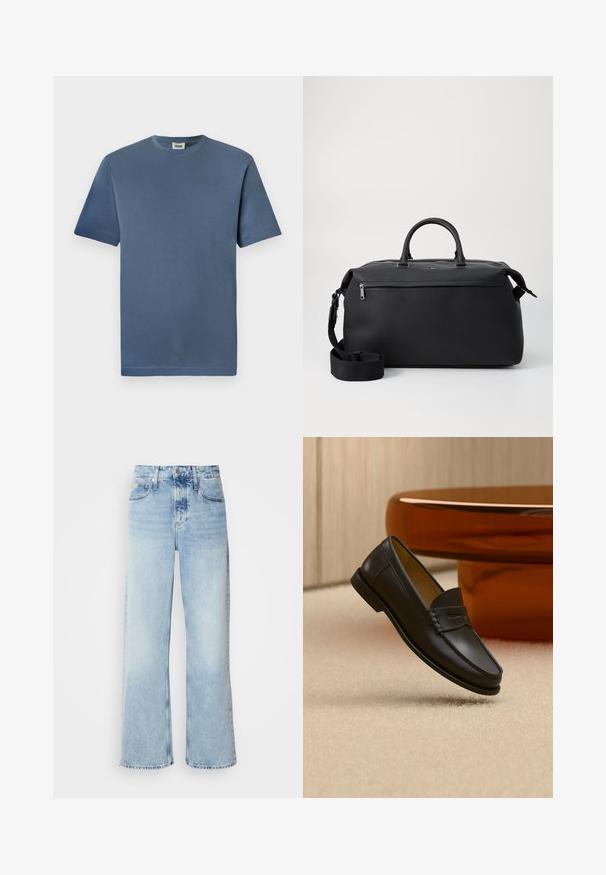 Blaue Baumwoll-T-Shirt mit Rundhalsausschnitt und kurzen Ärmeln. Hat eine glatte Textur und einen geraden Saum. Keine sichtbaren Muster oder Grafiken.; Helle blaue weite Jeans mit hoher Taille, in verwaschenem Finish, mit Gürtelschlaufen und klassischem Fünf-Taschen-Design. Der Saum ist ungesäumt.; Schwarzer Leder-Loafer, der über einem hellbeigen Teppich schwebt, mit bernsteinfarbenen modernen Möbeln im Hintergrund.; Schwarze Leder-Reisetasche mit zwei Oberhandgriffen, einem abnehmbaren Schultergurt und einer Reißverschlusstasche auf der Vorderseite für zusätzlichen Stauraum.