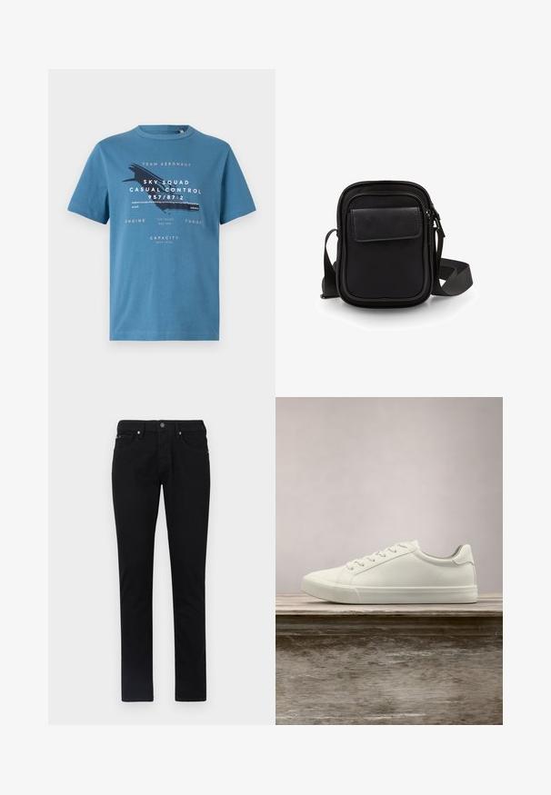 Blaues Baumwoll-T-Shirt mit kurzen Ärmeln, das auf der Vorderseite grafischen Text und ein Flugzeugdesign zeigt. Rundhalsausschnitt und normale Passform.; Schwarze Jeanshose, mit geradem Bein, ausgestattet mit einem Fünf-Taschen-Design, einem Frontknopfverschluss und einer glatten, einheitlichen Textur.; Weiße Schnürsneaker, die über einer Holzbank mit grünem Laub im Hintergrund schweben und das Schuhdesign sowie die Textur zeigen.; Schwarze Umhängetasche mit einer Klappe aus strukturiertem Leder, rechteckiger Form, verstellbarem Riemen, Reißverschluss und glattem Stoffabschluss.