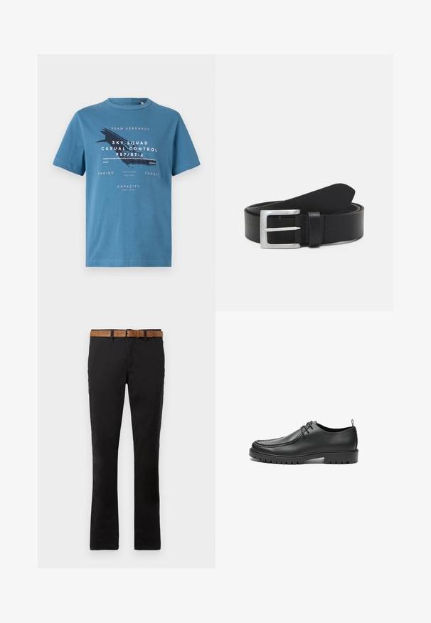 Blauwe katoenen t-shirt met korte mouwen, met grafische tekst en een vliegtuigontwerp aan de voorkant. Ronde hals en reguliere pasvorm.; Zwarte katoenen chinos met een rechte pijp ontwerp, voorzien van een leren riem in bruin. Glad textuur, klassieke voorzakken en riemlussen.; Zwarte lederen schoenen met een gladde afwerking, ronde neus en decoratieve stiksels. Beschikt over een rubberen zool met tractiegrepen en een vetersluiting.; Zwarte leren riem met een gladde textuur, zilveren rechthoekige gesp en een lus voor het einde. Heeft nette stiksels langs de randen.