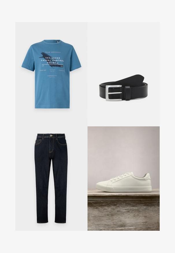 Modrá bavlnená tričko s krátkymi rukávmi, s grafickým textom a dizajnom lietadla na prednej strane. Okrúhly výstrih a bežný strih.; TOM TAILOR TTJOSH REGULAR SLIM FIT - Džínsy s rovným strihom - rinsed blue denim; Biele šnurovacie tenisky sa vznášajú nad drevenou lavicou so zeleným porastom v pozadí, predvádzajúc design a textúru topánok.; Čierny kožený opasok s hladkým povrchom, striebornou obdĺžnikovou sponou a slučkou na konci. Má úhľadné prešitie pozdĺž okrajov.