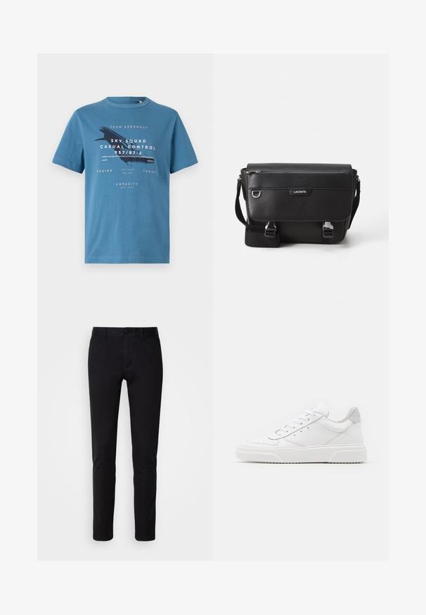 Blå bomulds t-shirt med korte ærmer, med grafisk tekst og et flydesign på forsiden. Rund hals og regular fit.; Sorte bukser lavet af glat bomuldsstof, med en lige ben design, forlommer, en knaplukning og en ren finish.; Hvide lædersneakers med en glat finish, rund tå, flade snørebånd og en struktureret sål. Grå ruskindsdetalje ved hælen.; Sort tekstureret Lacoste messengertaske med justerbar rem, frontklap, lynlås lomme og metalspænder.