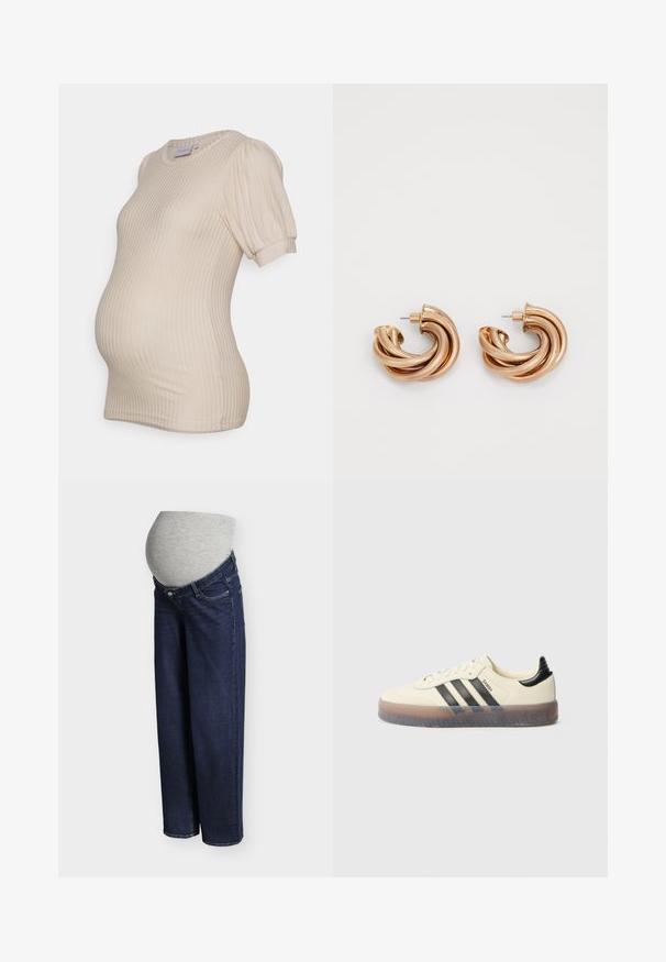 Top de maternidad beige con textura acanalada, mangas cortas abullonadas y cuello redondo, diseñado para acomodar una barriga en crecimiento.; Vaqueros de maternidad azul oscuro con una cintura alta y elástica de color gris diseñada para acomodar una barriga de embarazo.; Zapatilla beige con tres rayas negras, puntera redonda, suela de goma texturizada y parte superior lisa. Presenta un talón acolchado y un branding minimalista.; Pendientes de oro metálico con un diseño retorcido. Forma redondeada con una textura lisa y brillante y cierre de pasador. Anchura y profundidad considerables.