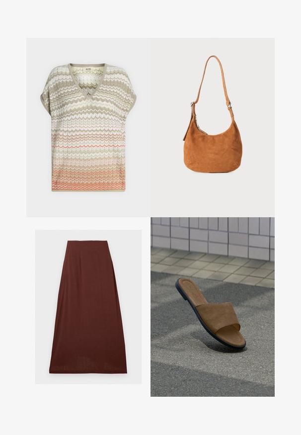 Haut en maille à manches courtes avec col en V et motif chevron dans des tons beige, blanc, vert clair et corail, coupe ample.; Jupe marron taille haute en ligne A, texture lisse, longueur genou, présentée sur fond blanc.; Sandale à glissière en daim marron à bout ouvert avec semelle noire flottant au-dessus d’un bitume gris, près d’un mur carrelé et des dalles de pavement claires.; Sac à main en daim beige avec un design incurvé, une bandoulière ajustable, une fermeture éclair en métal et un détail de logo embossé à l'avant.