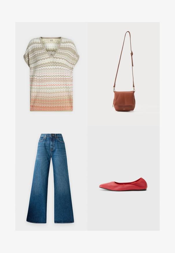 Haut en maille à manches courtes avec col en V et motif chevron dans des tons beige, blanc, vert clair et corail, coupe ample.; Jeans large en denim bleu avec taille haute, léger délavage, design classique à cinq poches et fermeture à bouton à l'avant.; Filippa K REY FLATS - Ballerines - bright red; Sac bandoulière en cuir marron avec sangle réglable, rabat avant, fermeture éclair latérale et logo doré "AGL" sur le bas devant.