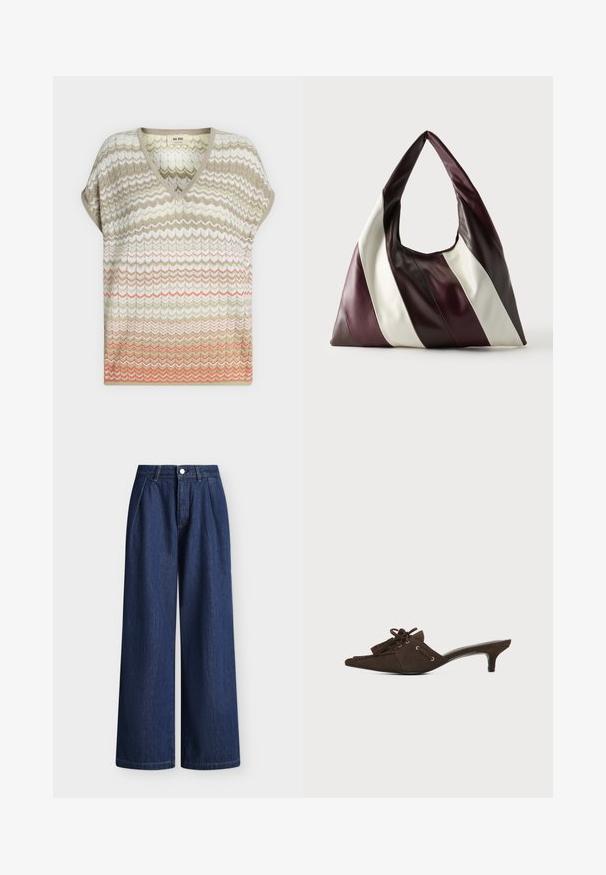 Haut en maille à manches courtes avec col en V et motif chevron dans des tons beige, blanc, vert clair et corail, coupe ample.; Pantalon large en denim bleu foncé taille haute avec plis sur le devant, passants de ceinture et fermeture par bouton.; Mule en daim marron avec bout pointu, petit talon kitten, lacets noués en nœud et détails à pompons sur fond blanc.; Grand sac à main triangulaire en cuir avec de larges rayures diagonales marron foncé, bordeaux et crème sur un fond uni.