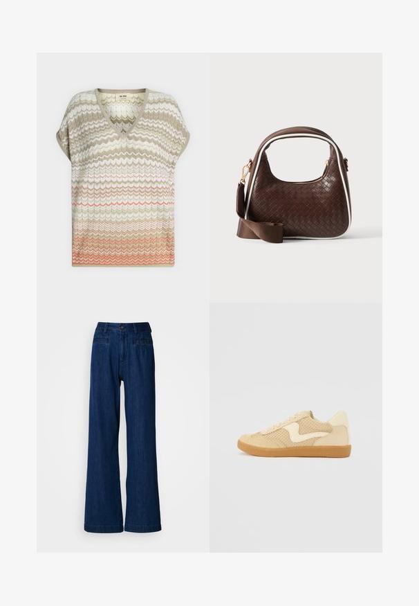 Haut en maille à manches courtes avec col en V et motif chevron dans des tons beige, blanc, vert clair et corail, coupe ample.; Jean large en denim bleu foncé. Comprend une fermeture avant à bouton et zip, deux poches avant, et deux poches arrière. Texture lisse sans motifs.; Sneaker beige avec des matériaux en daim et en maille, forme arrondie, col rembourré proéminent et semelle en caoutchouc gomme. Présente un accent de design en forme de vague.; Sac à main en cuir tressé marron avec passepoil blanc, fermeture éclair dorée et bandoulière amovible en tissu marron.