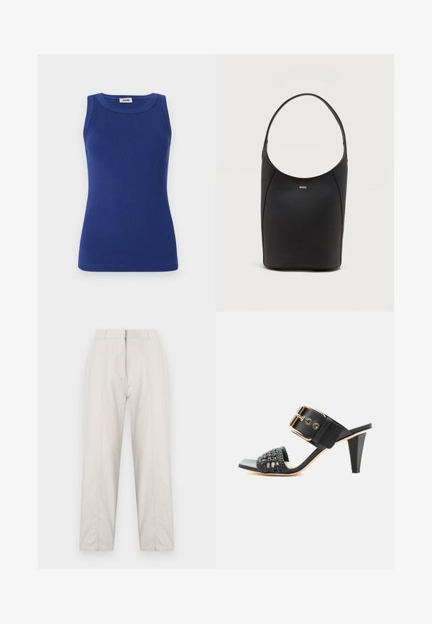 Blaues, geripptes Tanktop mit rundem Ausschnitt und ohne Ärmel. Hat eine taillierte Silhouette und eine glatte Textur. Etikett am Ausschnitt.; Cremfarbene Hose mit geradem Bein, ausgestattet mit einem vorderen Bügel, zwei Seitentaschen und einem mittelhohen Bund.; Schwarze High-Heel-Sandale mit geflochtenem Frontriemen und breitem Knöchelriemen mit großer goldener Schnalle auf weißem Hintergrund.; Schwarze Leder-Bucket-Bag mit einem einzelnen Schulterriemen und kleinem goldfarbenem BOSS-Logo, zentriert nahe der oberen Vorderseite.