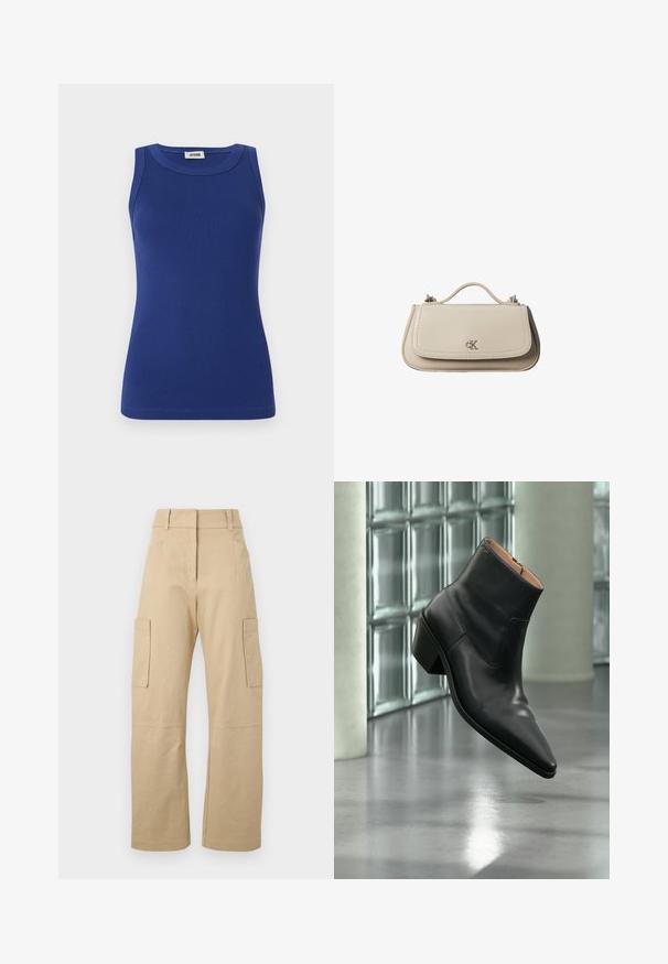 Blaues, geripptes Tanktop mit rundem Ausschnitt und ohne Ärmel. Hat eine taillierte Silhouette und eine glatte Textur. Etikett am Ausschnitt.; Beige Cargo-Shorts aus Baumwolle, mit hoher Taille, weitem Bein, zwei Seitentaschen und zwei großen Cargo-Taschen auf den Oberschenkeln.; Schwarzer Leder-Stiefelette mit spitzer Schuhspitze und Blockabsatz, der über einem reflektierenden grauen Boden nahe einer Glassteinwand schwebt.; Kleine beigefarbene Lederhandtasche mit oberem Griff und silbernem CK-Logo auf der Frontklappe, vor weißem Hintergrund dargestellt.