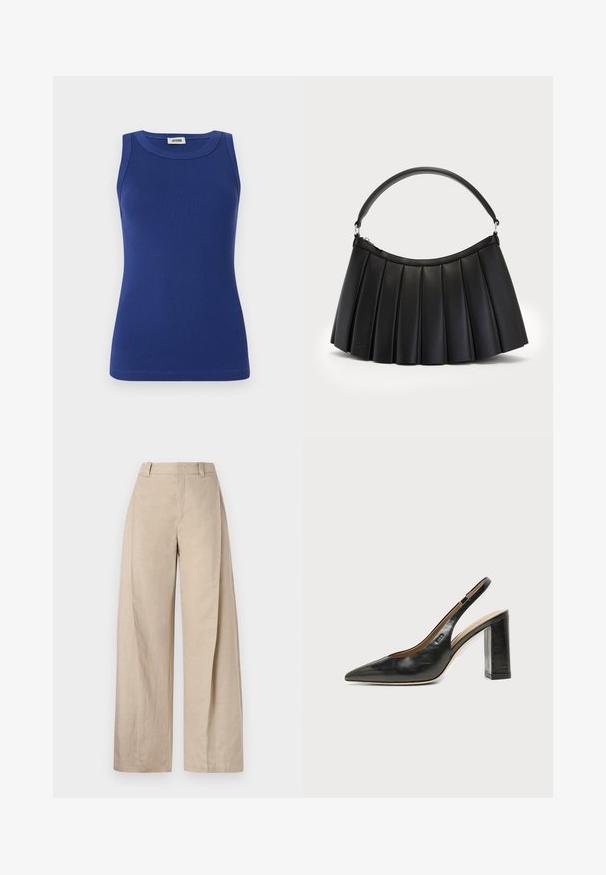 Blaues, geripptes Tanktop mit rundem Ausschnitt und ohne Ärmel. Hat eine taillierte Silhouette und eine glatte Textur. Etikett am Ausschnitt.; Beige Leinen-Hose mit weitem Bein und hoher Taille, ausgestattet mit einer glatten Textur und klaren Linien, für eine entspannte Passform entworfen.; Schwarzer Leder-Slingback-Schuh mit spitzer Kappe, hohem Blockabsatz und beigegefüttertem Innenraum vor hellem, einfarbigem Hintergrund.; Schwarze plissierte Handtasche aus synthetischem Leder, mit einem gebogenen Griff und einem Reißverschlussverschluss oben. Glatte Textur mit strukturiertem Design.