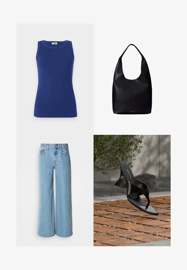 Débardeur bleu côtelé avec un col rond et sans manches. Présente une silhouette ajustée et une texture lisse. Étiquette au col.; Jean large bleu clair en denim, avec une taille haute, un design à cinq poches et un léger dégradé sur le tissu.; Sandale à talon noire Calvin Klein en forme de tongs flottant au-dessus d'une surface extérieure carrelée avec de la verdure et un mur en béton en arrière-plan.; Sac fourre-tout en cuir noir avec une seule large bandoulière et un logo Calvin Klein discret au centre inférieur.