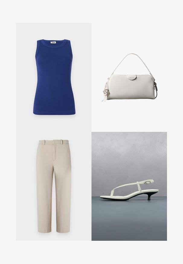 Blå ribbet tanktop med rund halsudskæring og uden ærmer. Har en tætsiddende silhuet og en glat overflade. Mærke på halsudskæringen.; Beige cropped bukser, skræddersyet design, flad foran med skjult lynlås, to sidelommer, lavet af glat bomuldsblandet stof.; Hvid sandal med stropper og kitten-hæl med spids tå, svævende over et trægulv udendørs med en sløret plante og væg i baggrunden.; Hvid rektangulær Calvin Klein håndtaske med enkelt håndtag, minimalistisk design og dekorative kvaster med geometrisk metalvedhæng på siden.