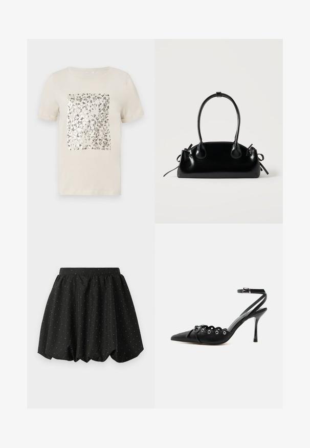 T-shirt beige à manches courtes avec un imprimé animal en argent carré au centre. Matière en coton doux, col rond classique.; Jupe bulle noire avec une taille élastique et un motif de pois blancs. Fabriquée en tissu léger, elle présente un design volumineux et un ourlet arrondi.; Chaussure à talon haut noire à bout pointu, bords festonnés, œillets métalliques, lacets à l'avant et bride de cheville avec fermeture à boucle.; Petit sac à main noir brillant avec deux longues anses et des détails à cordon sur les côtés sur un fond clair uni.