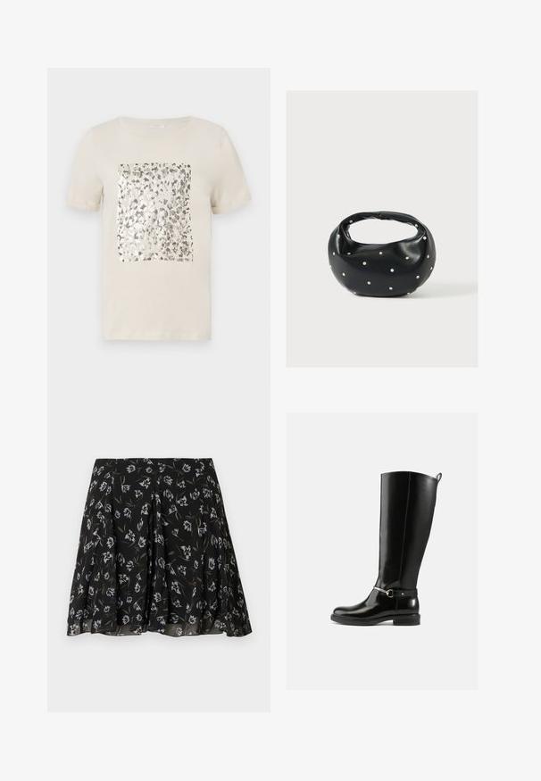 T-shirt beige à manches courtes avec un imprimé animal en argent carré au centre. Matière en coton doux, col rond classique.; Jupe plissée noire avec imprimé floral blanc et olive, tissu fluide à texture subtile, coupe mi-longue.; Bottes noires montantes en cuir verni, avec un détail de boucle argentée à la cheville et une conception à bout arrondi. Semelle plate.; Sac à main en cuir noir de forme arrondie, décoré de clous argentés et équipé d'une poignée courte. Texture lisse et fermeture éclair.