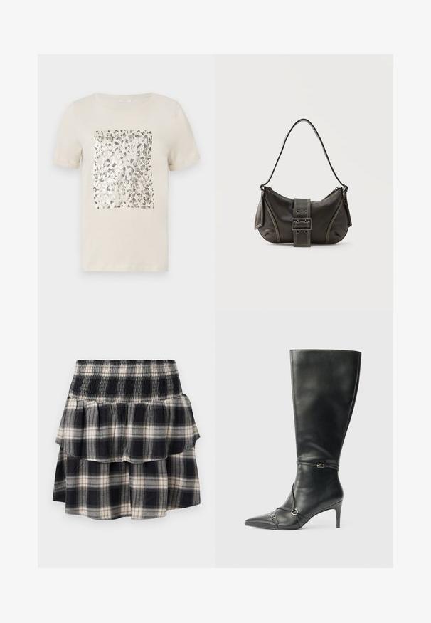 T-shirt beige à manches courtes avec un imprimé animal en argent carré au centre. Matière en coton doux, col rond classique.; Jupe à volants à carreaux noir et blanc avec taille smockée. Avec des couches froncées et une texture douce en coton.; Bottes noires en cuir montant jusqu'au genou, avec un talon fin, un bout pointu et des détails de lanière à la cheville. Texture lisse et design ajusté.; Sac à épaule en cuir noir avec une sangle à boucle, des bords arrondis et des coutures blanches contrastées sur un fond uni.
