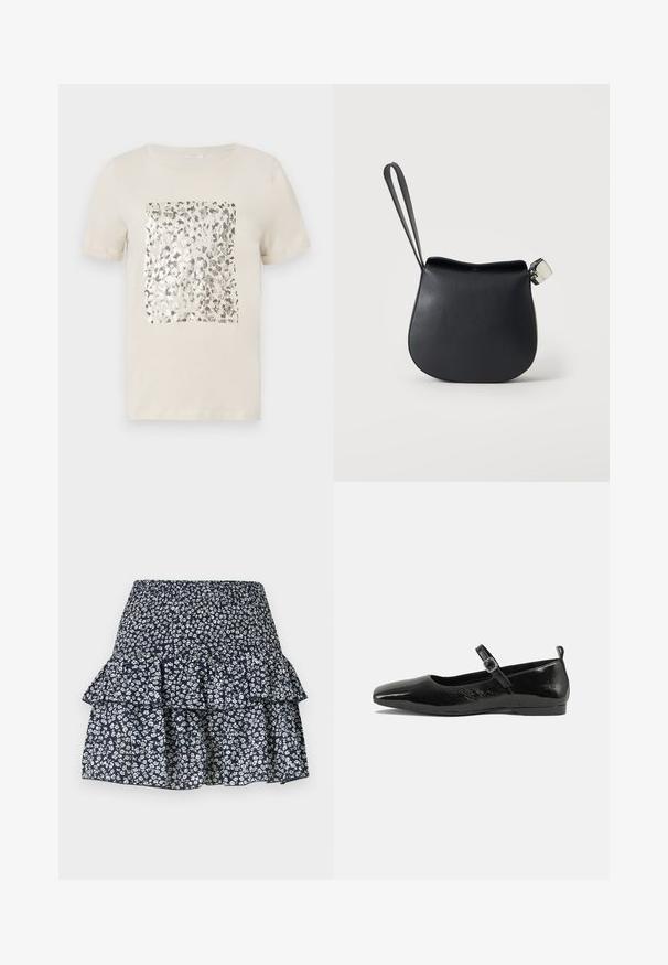 T-shirt beige à manches courtes avec un imprimé animal en argent carré au centre. Matière en coton doux, col rond classique.; Jupe à volants bleu marine avec motif floral blanc et taille élastique froncée.; Chaussure plate en cuir verni noir avec un bout pointu, une sangle de cheville avec boucles, et une texture lisse et brillante. Talon bas pour le confort.; Pochette en cuir noir pour poignet avec base arrondie et fermoir argenté sur fond blanc uni.