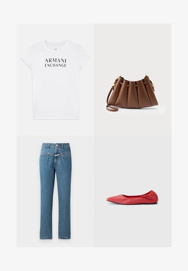 Biely bavlnený tričko s čiernym logom "ARMANI EXCHANGE" naprieč hruďou. Krátke rukávy a okrúhly výstrih. Hladká textúra.; CLOSED PEDAL PUSHER - Džínsy voľného strihu - mid blue; Filippa K REY FLATS - Balerínky - bright red; Hnedá kožená kabelka s plisovaním, nastaviteľným remienkom a zlatými šnúrkovými detailmi na neutrálom pozadí.