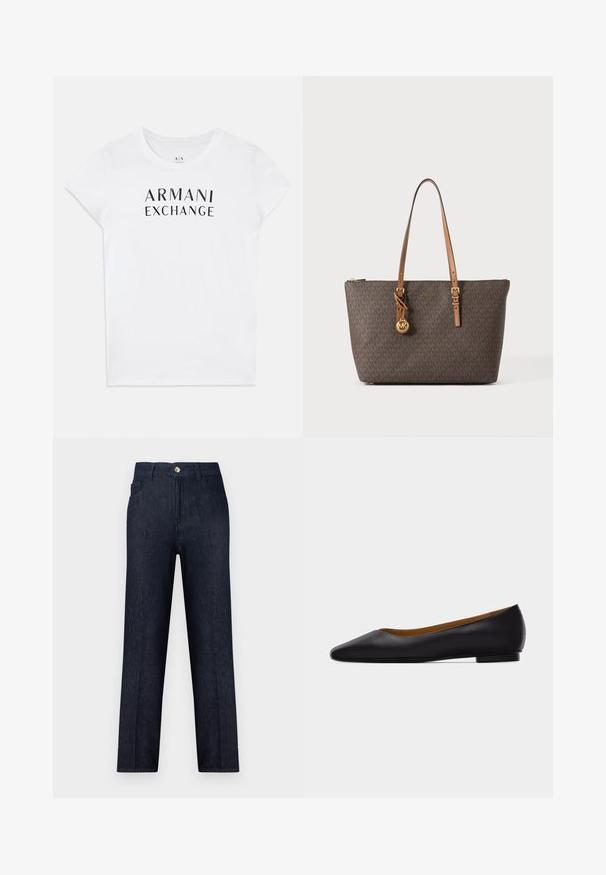 Witte katoenen t-shirt met een zwart "ARMANI EXCHANGE" logo over de borst. Korte mouwen en een ronde hals. Fijne textuur.; Donkerblauwe spijkerbroek met een rechte pijp, standaard tailleband, voorzakken en een enkele metalen knoop in de taille.; Zwarte leren puntschoen met lage hak en gladde afwerking, zijaanzicht op een lichtgrijze achtergrond.; Bruine Michael Kors tote tas met monogram patroon, bruine verstelbare riemen, gouden logo bedel en een ritssluiting bovenaan.
