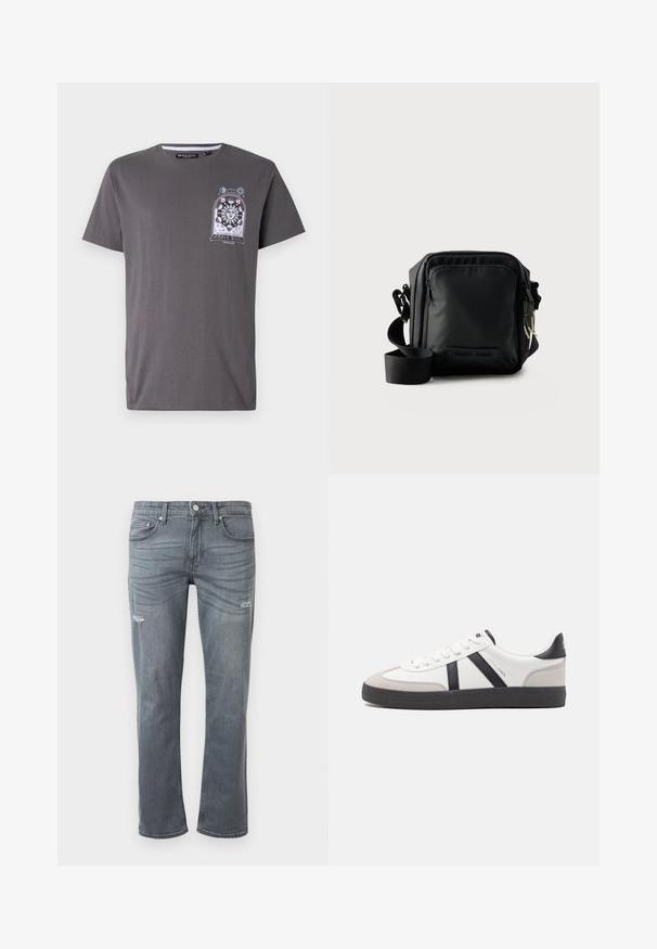 Grå bomuld t-shirt med korte ærmer og rund hals, med et farverigt grafisk motiv af en sol og himmelske elementer på brystet.; Grå denim jeans med rett ben design, let slid ved knæene og traditionel fem-lomme stil. Knaplukning i taljen.; Hvide sneakers med sorte og grå detaljer, med en tekstureret grå tåhætte, sort gummisål og flade hvide snørebånd. Rent design, minimalistisk stil.; Sort kompakt crossbody taske med front lynlåslomme, justerbar rem og tekstureret stof mod en ensfarvet baggrund.