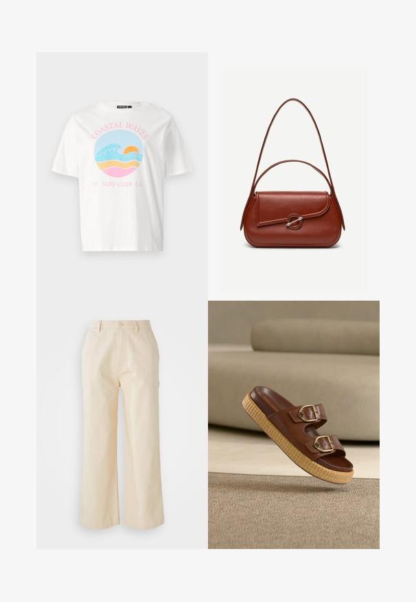 Hvid t-shirt med korte ærmer, der har et grafisk design med bølger, en solnedgang og teksten "COASTAL WAVES 97 SURF CLUB CA" i pink og blå.; Lys beige, vide bukser lavet af bomuld med en glat tekstur, der har en frontknaplukning og sidelommer.; Brun lædersandal med to gyldne spænder og en tyk flet platformssål på beige tæppe og sofa baggrund.; Brun skuldertaske i læder med afrundet rektangulær form, asymmetrisk klap, sølvfarvet rund lukning og to tynde stropper.