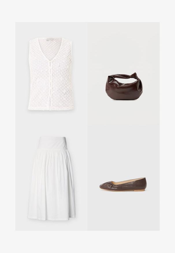 Veste blanche sans manches en crochet tricoté avec des boutons sur le devant et un col en V, étiquetée Anna Field.; Jupe midi blanche taille haute avec tissu froncé et large ceinture, présentée sur un fond gris clair uni.; Ballerine en cuir marron avec un bout arrondi, des détails froncés à l'avant et une semelle plate de couleur claire.; Sac bandoulière en cuir marron foncé avec une forme souple et décontractée et une anse nouée torsadée sur un fond blanc uni.