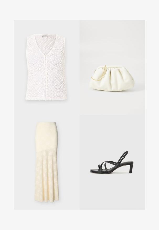 Veste blanche sans manches en crochet tricoté avec des boutons sur le devant et un col en V, étiquetée Anna Field.; Jupe couleur crème, longueur cheville, taille haute avec un motif floral texturé subtil sur l'ensemble du tissu.; Sandale noire à lanières avec un bout carré et un petit talon bloc. Elle présente plusieurs fines lanières et une sangle de cheville ajustable. Fabriquée en cuir lisse.; Sac à main en cuir blanc avec un design plissé, doté d'une bandoulière en chaîne dorée et d'une forme arrondie. Texture lisse avec des plis doux et sans motifs.