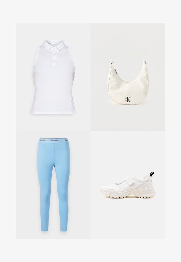 Weißes ärmelloses Poloshirt aus glattem Stoff, mit klassischem Kragen, Drei-Knopf-Leiste und dezenten Seitennähten.; Blaue Leggings aus glattem, dehnbarem Stoff mit einfarbigem Design und einem Taillenbund mit dem "Calvin Klein"-Logo in kontrastierenden Farben.; Weißer Calvin Klein Sportschuh mit dicker Sohle und Klettverschluss, niedrigem Schnitt und schwarzem Zugband an der Ferse.; Kleine weiße halbmondenförmige Handtasche mit kurzem Trageriemen, Reißverschluss und schwarzem "cK"-Logo auf der Vorderseite.