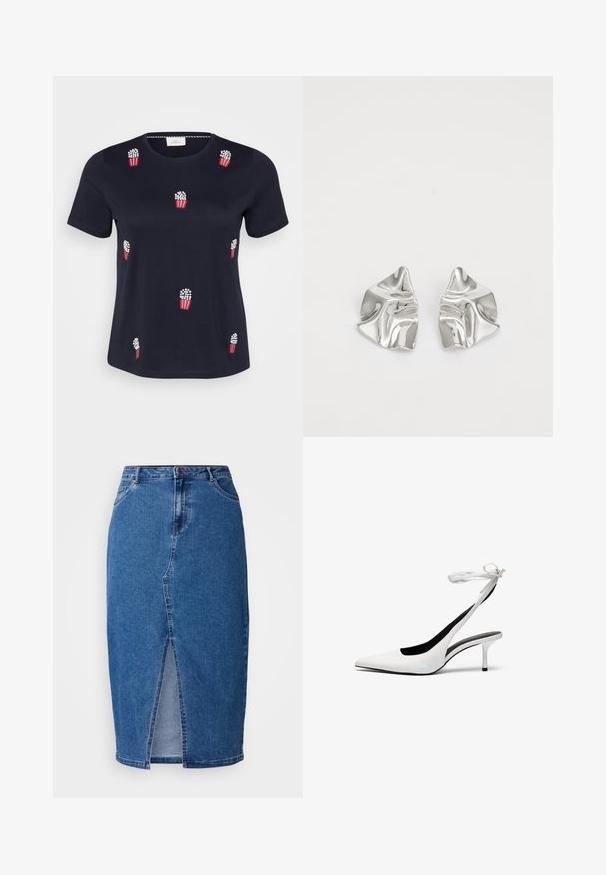 Marineblå bomulds-T-shirt med korte ærmer; har røde og hvide broderede popcornposer spredt over forsiden. Blød tekstur. Rund hals.; Denim nederdel i mellemblå med en frontslids, høj talje, fem lommer og bæltesløjfer. Stoffet har en tekstureret finish.; Hvide spidse slingback hæle med en tynd ankelrem. Glat lædermateriale, tynd stilethæl og en sort inderside.; Sølvmetal øreringe med et bølgende, skulpturelt design, der har en poleret overflade og uregelmæssige former, hvilket fremhæver en moderne æstetik.