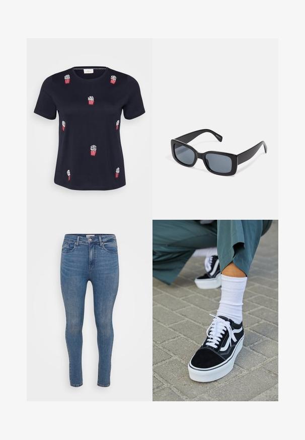 Marineblå bomulds-T-shirt med korte ærmer; har røde og hvide broderede popcornposer spredt over forsiden. Blød tekstur. Rund hals.; Slanke jeans i mellemblå denim med en glat tekstur, fem-lomme design og lynlås lukning. Har subtile falmede områder og tonale syninger.; Sorte ruskinds sneakers med hvide accenter og snørebånd, der har en tyk hvid sål og kontrasterende syninger, parret med en hvid sok.; Sorte rektangulære solbriller med mørkt tonede linser, tyk plastramme og brede stænger. Glat overflade og kantet design.