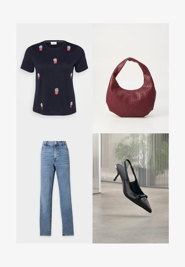 Marineblå bomulds-T-shirt med korte ærmer; har røde og hvide broderede popcornposer spredt over forsiden. Blød tekstur. Rund hals.; Blå jeans med høj talje og lige ben, med to forreste knapper og lommer, vist mod en ensfarvet lys baggrund.; Sort tekstureret læder slingback højhælet sko med spids tå og lille dekorativ spænde, svævende over en glat gulv.; Vævet bordeaux håndtaske med en rund silhuet, et enkelt håndtag og en tekstureret overflade. Lynlåslukning øverst.