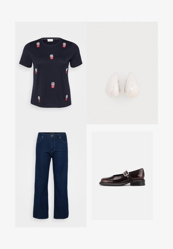 Marineblå bomulds-T-shirt med korte ærmer; har røde og hvide broderede popcornposer spredt over forsiden. Blød tekstur. Rund hals.; Mørkeblå denim jeans med lige pasform, der har en lynlås, fem lommer og synlige syninger.; En enkelt blank mørk burgunder Mary Jane sko med bred rem og sølvspænde, lav blokhæle og rundet tå på hvid baggrund.; Sølvmetal dråbeøreringe med en glat, reflekterende overflade og tåreform, der har et sammenhængende design uden synlige udsmykninger.