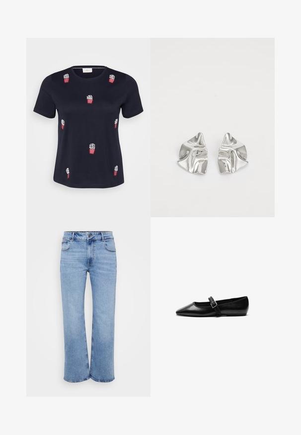 Camiseta de algodón azul marino con mangas cortas; presenta bolsas de palomitas bordadas en rojo y blanco distribuidas por el frontal. Textura suave. Cuello redondo.; Vaqueros de mezclilla de pierna ancha en azul claro, con cinco bolsillos, cremallera frontal y cierre de botón. Detalles de costura sutil a lo largo de las costuras.; Zapato plano negro de cuero con punta afilada, correa ajustable con hebilla de metal, textura suave y diseño minimalista.; Pendientes de metal plateado con un diseño ondulado y escultórico, que presentan un acabado pulido y formas irregulares, destacando una estética contemporánea.