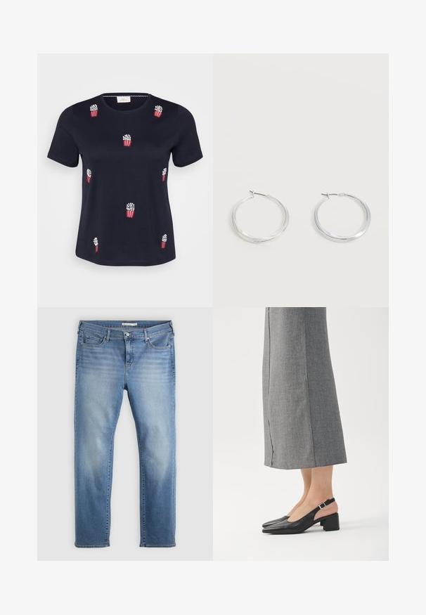 Marineblå bomulds-T-shirt med korte ærmer; har røde og hvide broderede popcornposer spredt over forsiden. Blød tekstur. Rund hals.; Lys blå denim jeans med lige ben design, der har slidte områder, fem lommer, knaplukning og bæltestropper.; Sorte læder slingback sko med spids tå, blokhæl og kontrasterende lyserød hælafslutning. Glat tekstur med minimalistisk design.; Sølvfarvede metaloorringe med glat, let buet overflade og låsemekanisme på en ensfarvet hvid baggrund.