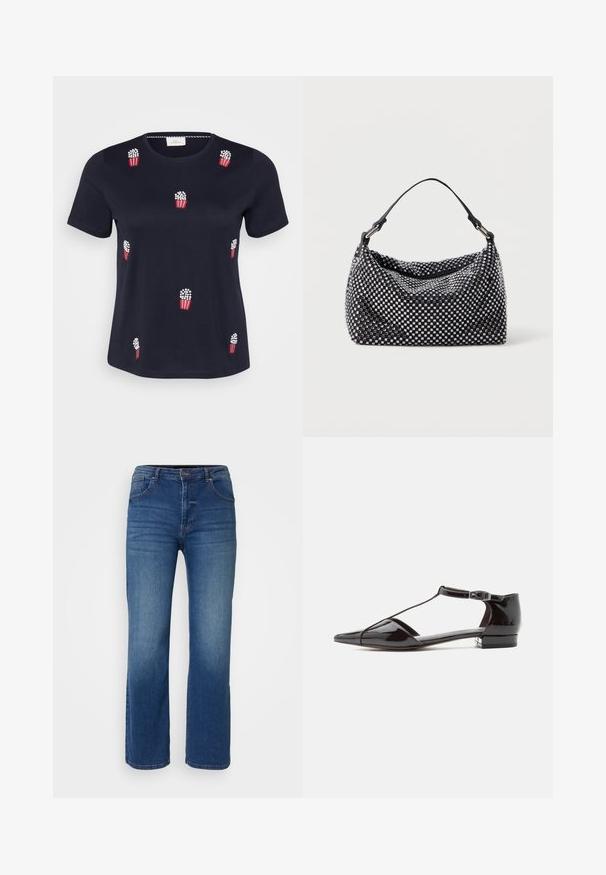 Camiseta de algodón azul marino con mangas cortas; presenta bolsas de palomitas bordadas en rojo y blanco distribuidas por el frontal. Textura suave. Cuello redondo.; Jeans de mezclilla azul oscuro con un diseño de pierna recta, estilo de cinco bolsillos y cierre de botón y cremallera. Textura suave con un desvanecimiento mínimo.; Zapato de tacón bajo de charol negro con punta puntiaguda y cierre de hebilla en tira en T, mostrado de perfil sobre un fondo liso.; Bolso negro y plateado con una superficie tejida y texturizada que presenta patrones cuadrados, un asa superior única y un diseño holgado.