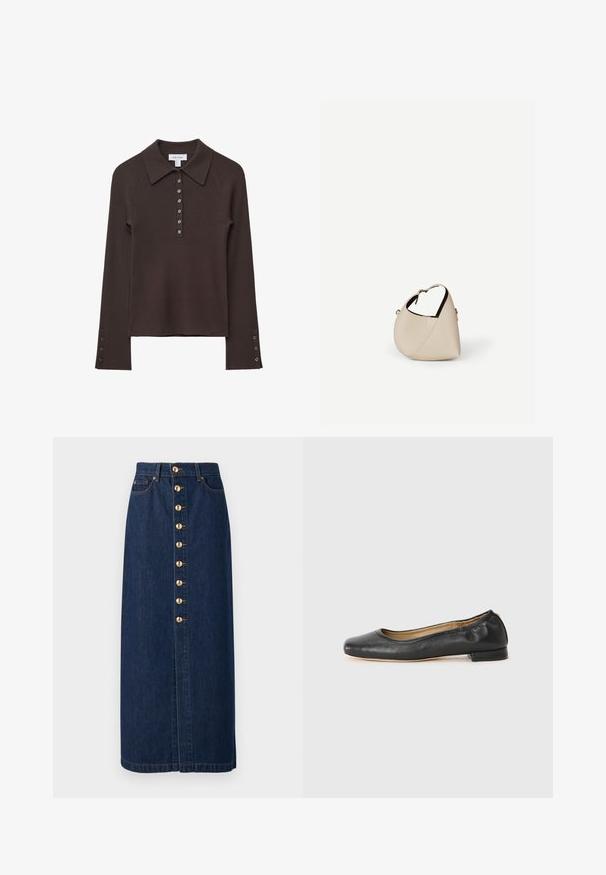 Polo shirt à manches longues côtelé marron avec un col, patte de boutonnage à six boutons et accents de boutons sur les manches. Texture douce avec une silhouette ajustée.; Jupe midi en denim bleu foncé à coupe droite, dotée d'une fermeture boutonnée à l'avant avec des boutons dorés au centre.; Ballerines en cuir noir avec un bout arrondi et des coutures minimales. Talon bas et rectangulaire avec une texture lisse. Détails subtils de doublure intérieure.; Sac à main en cuir beige en forme de croissant avec une seule bandoulière et des coutures minimalistes, posé sur un fond blanc uni.