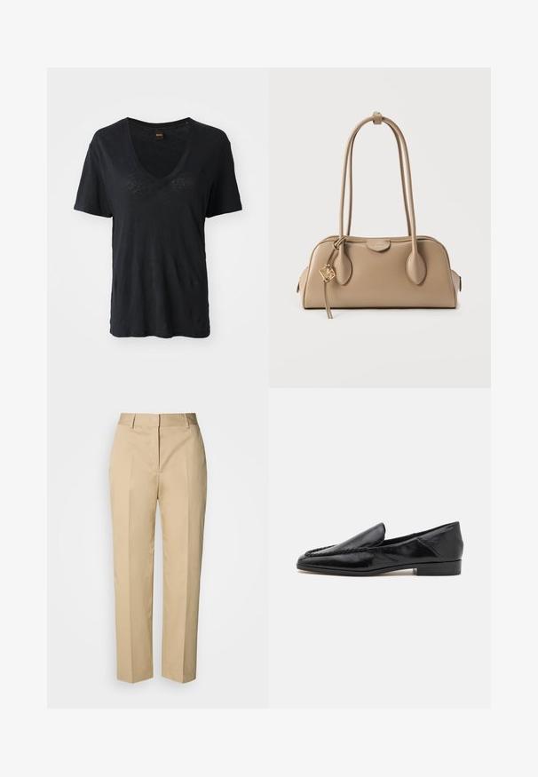 T-shirt noir à manches courtes avec col en V, fabriqué en tissu doux, présentant une coupe décontractée et des détails texturaux discrets à l'avant.; Pantalon beige à jambe droite avec passants pour ceinture, pli avant et fermeture dissimulée, présenté sur un fond clair.; Mocassins en cuir noir avec une finition lisse, dotés d'un design cousu le long du bord avant et d'un petit talon carré.; Sac à main beige avec une texture en cuir lisse. Forme arrondie, deux longues anses et un détail de quincaillerie dorée sur une fermeture éclair.