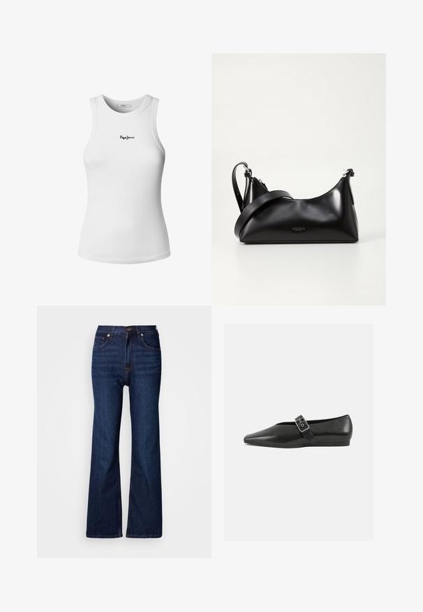 Hvid ribstrikket tanktop med rund halsudskæring og ærmeløs design. Har en lille sort "Pepe Jeans"-logo broderet på forsiden.; Vida, mørkeblå denimjeans med fem lommer, knaplukning og kontrastsyningsdetaljer. Glat tekstur med et robust udseende.; Sorte læder flade sko med spidse tæer, prydet med en metallisk spænde over vristen og en lav, fleksibel sål.; Sort læderhåndtaske med en glat tekstur. Har en justerbar stropp og et enkelt, minimalistisk design med lynlås.
