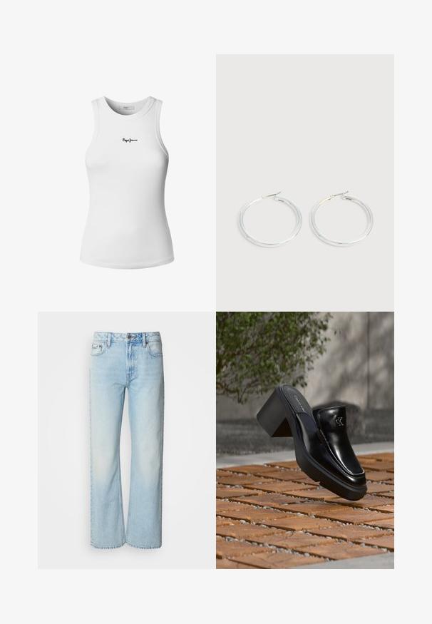 Hvid ribstrikket tanktop med rund halsudskæring og ærmeløs design. Har en lille sort "Pepe Jeans"-logo broderet på forsiden.; Lyseblå brede jeans lavet af denim med et klassisk fem-lomme design og en subtil falmet tekstur. Denim-syninger er synlige.; Sort læder Calvin Klein slip-on mule med blokhæl, der hviler på trætøj udendørs nær en grøn plante og en grå væg.; Par skinnende sølvøreringe med tynde trådlåse, vist på en lys grå baggrund.